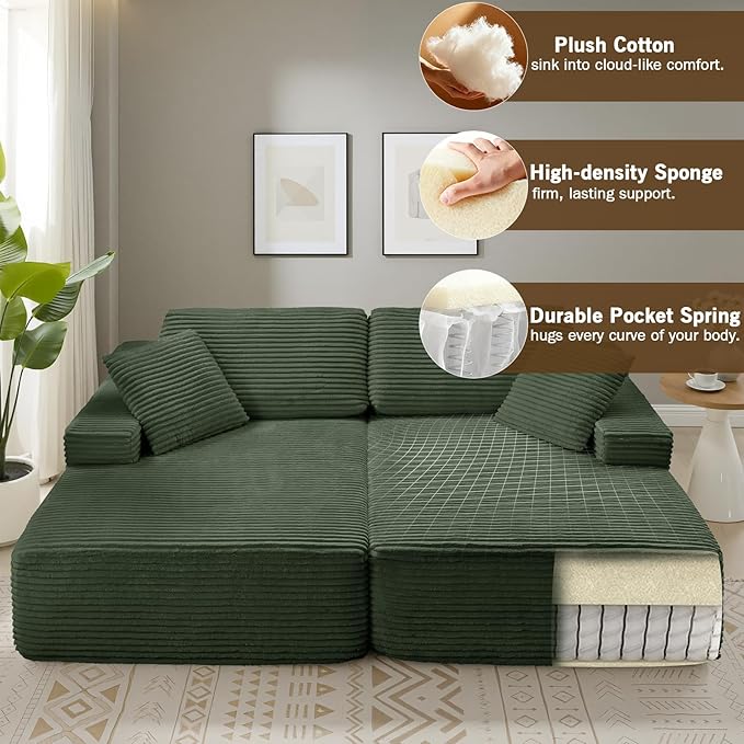 89.3” Oversized Double Chaise Lounge Indoor Green Corduroy Chaise Lounge Chair Upholstered Sleeper Sofa Bed Deep Seat Sleeper Loveseat Reading Chairs Boneless Cloud Couch for Living Room Bedroom