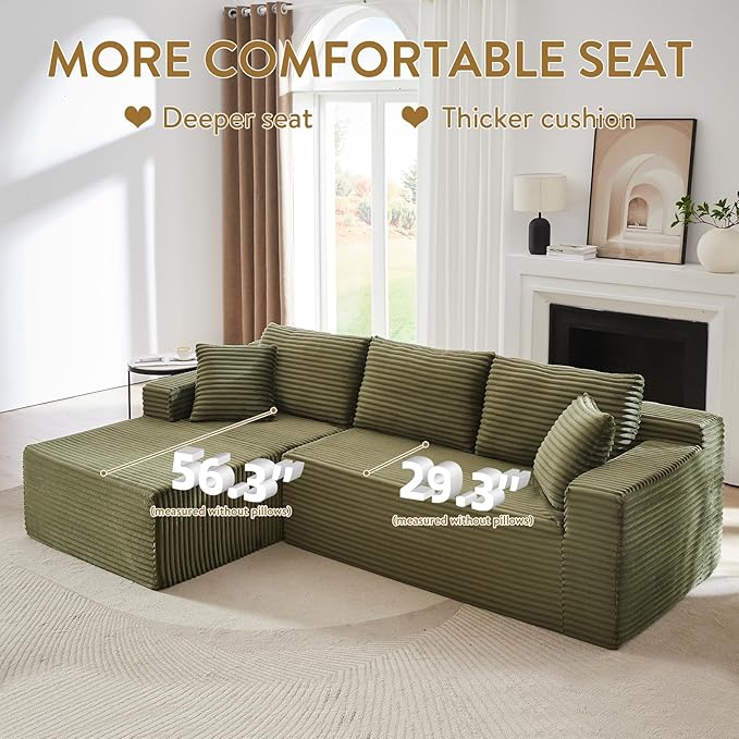 Cloud Sectional Couch with L-Shape Chaise105 Modern Minimalist Modular Sectional Sofa Fluffy Corduroy Upholstered Couches for Living Room No Assembly Required (Green Left Facing Chaise)