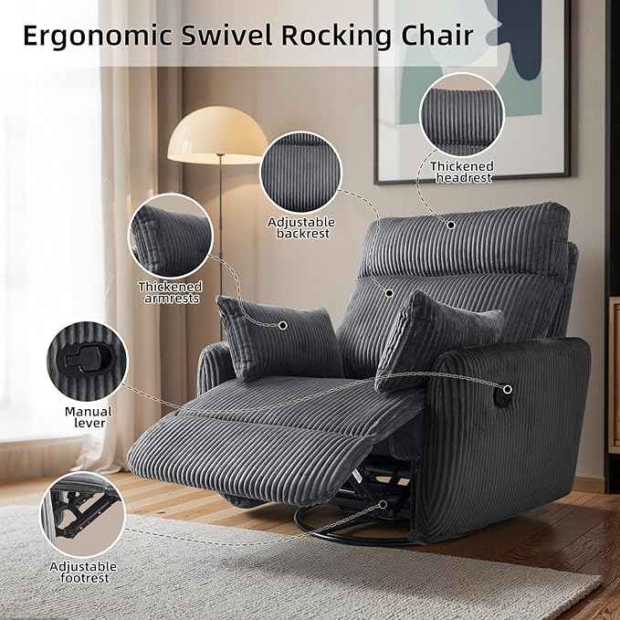 Swivel Recliner Chair for Adults Corduroy Nursery Glider Rocking Chair Armchair with 2 Pillows Comfy High Back Reclining for Small Spaces Nursery Bedroom Living Room (Corduroy Gray 1 Pack)