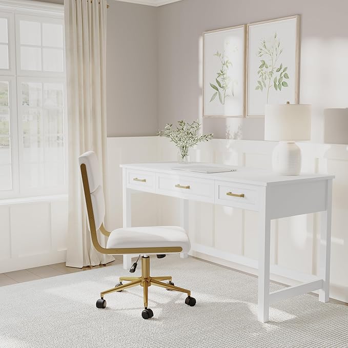 Martha Stewart Hutton Shaker Style Home Office Desk with 3 Drawers in White with Polished Brass Hardware