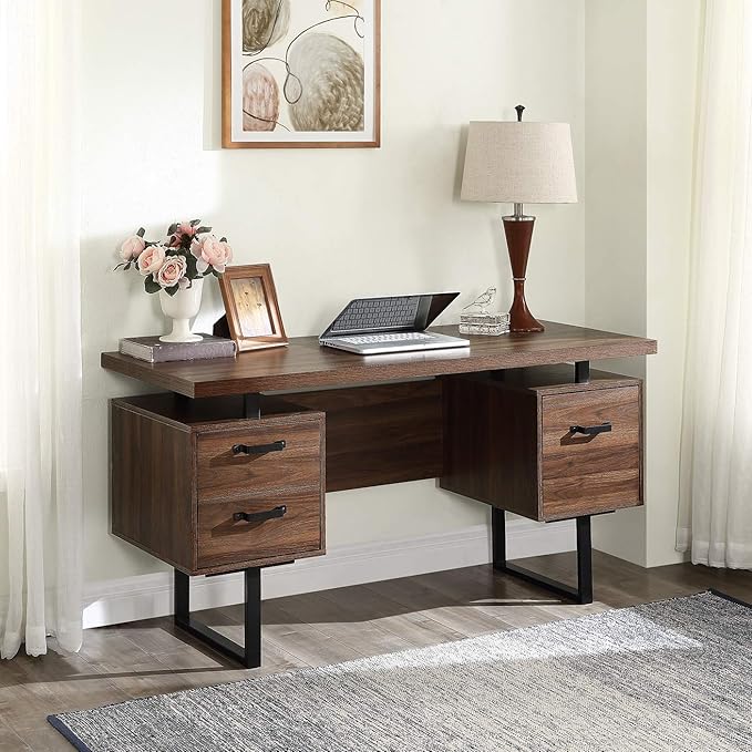 Home Office Computer Desk with DrawersHanging Letter Size Files 59 inch Writing Study Table with Drawers