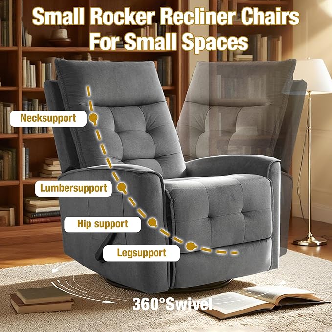 Swivel Rocker Recliner Chair Rocking Chair Small Swivel Recliner for Small Spaces Living Room RV(Dark Grey)