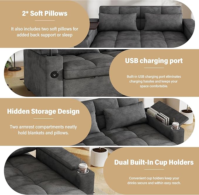 65'' Sleeper Sofa with Pull Out Bed 3 in 1 Convertible Sofa with Cup Holder and Storage Armrests Chenille Loveseat with Swivel Table Adjustable Backrest &amp Charging Ports for Living Room Grey