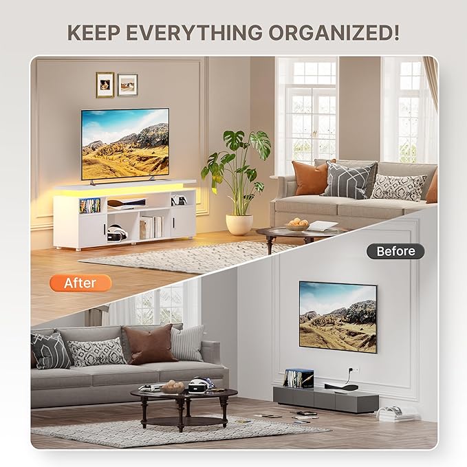 SUNCOZE TV Stand Entertainment Center with LED Lights and Cabinet for 70/75/80 Inch Modern TV Console Gaming Media Television Stands with Power Outlets for PS5 in Living Room and Bedroom White