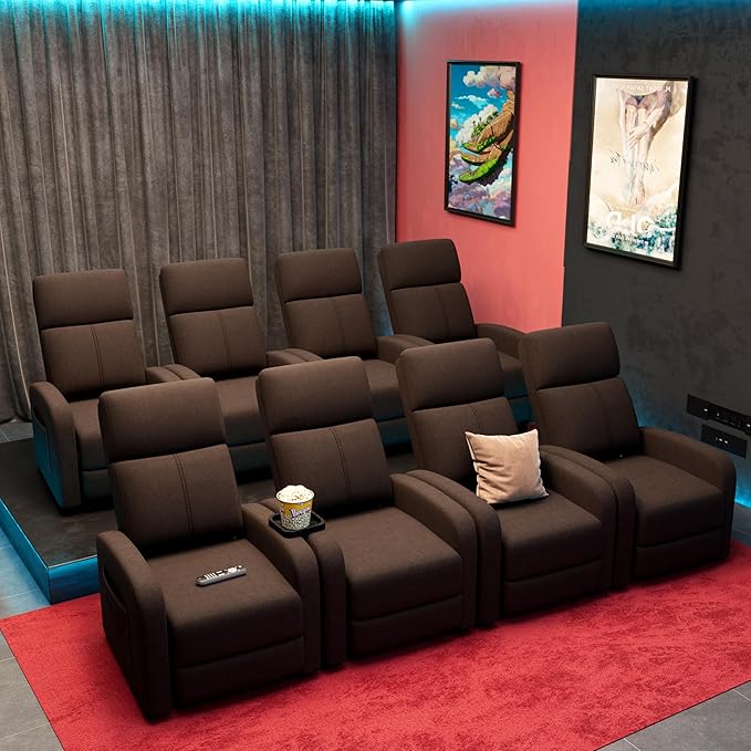 GarveeHome Linen Fabric Manual Recliner Chair with Side Pocket High Backrest Thick Cushion Adjustable Push Back Recliner Lazy Lounge Chair for Living Room Home Theater Bedroom Brown