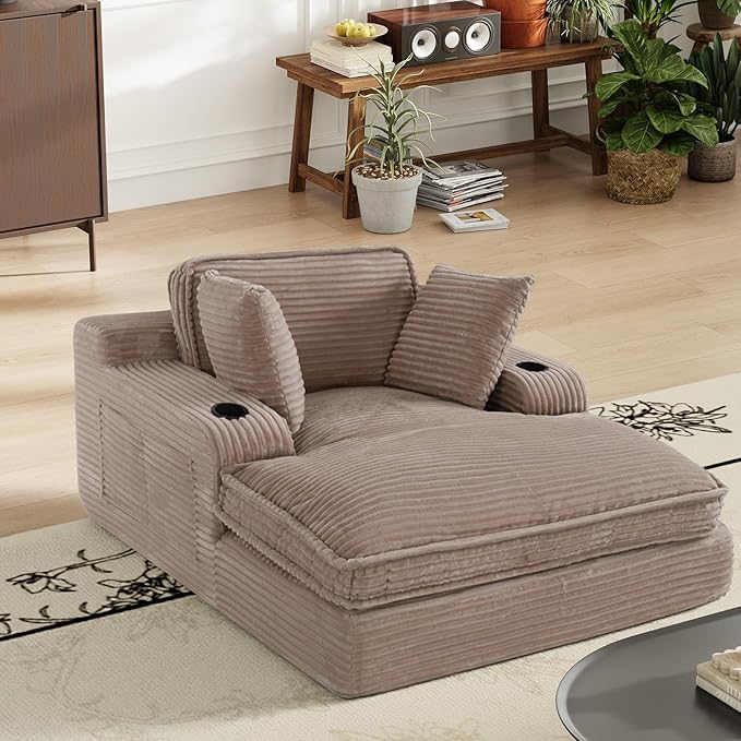 67 Chaise Lounge Chair Indoor Cozy Oversized Fluffy Sofa with Cup Holders &amp Throw Pillows Boneless Sleeper Cloud Couch for Living Room Movie Room and Apartments Camel