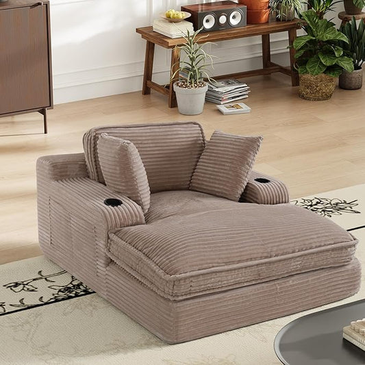 67 Chaise Lounge Chair Indoor Cozy Oversized Fluffy Sofa with Cup Holders &amp Throw Pillows Boneless Sleeper Cloud Couch for Living Room Movie Room and Apartments Camel