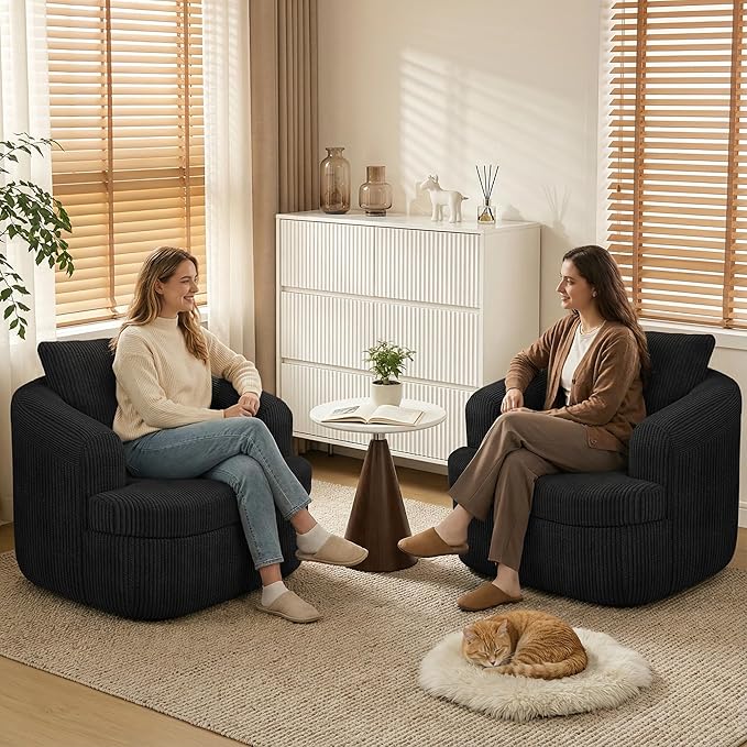 Swivel Accent Chair Modern 360 Degree Swivel Barrel Chairs 36.6 W Corduroy Upholstered Barrel Accent Armchair Comfy Oversized Single Sofa Boneless Chair for Living Room Bedroom Black