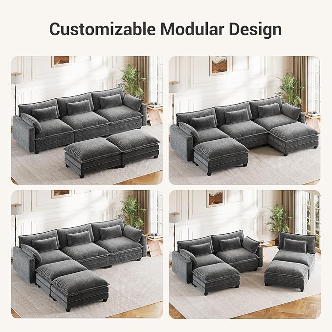 Amada Sectional Couches for Living Room U-Shaped Comfy Cloud Modular Sectional Sofa 5-Seater Chenille Deep Seat Sofa Sleeper with 2 Movable Ottomans &amp Throw Pillows (Grey)