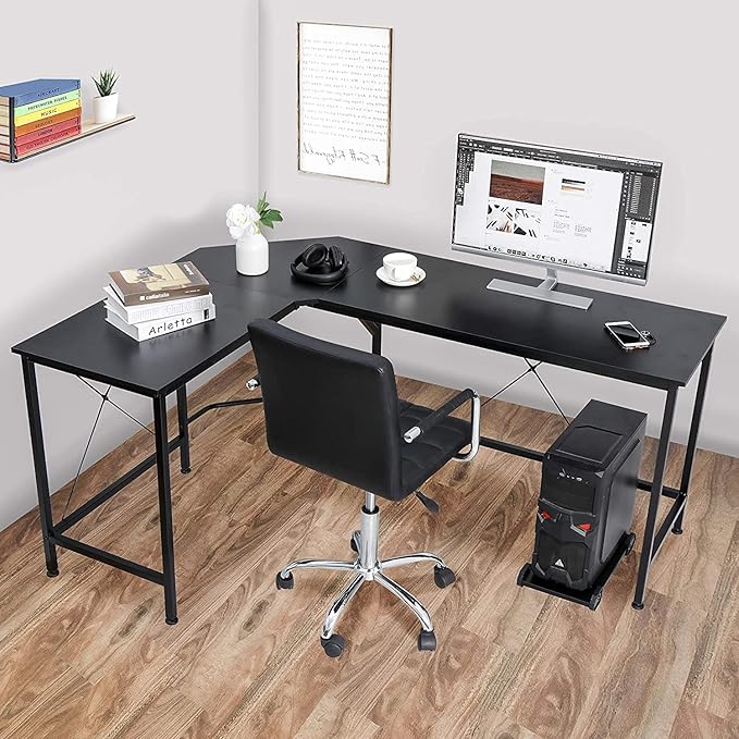 Modern L-Shaped Home Office Gaming Desk PC Table Writing Desk with CPU Stand Sturdy Writing Workstation Space-Saving Easy to Assemble for Office Dormitory Study Living Room (Black)