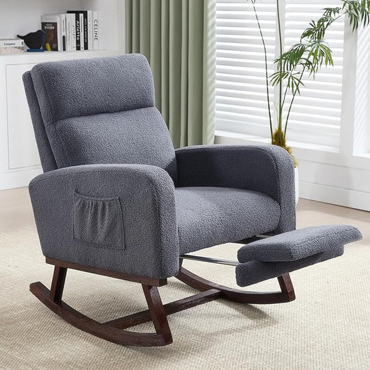 Rocking Chair Nursery with Foot Rest Teddy Nursing Rocking Chairs for Mom Breastfeeding Rocker Glider Chair with High Backrest for Living Room Bedroom Blue Grey