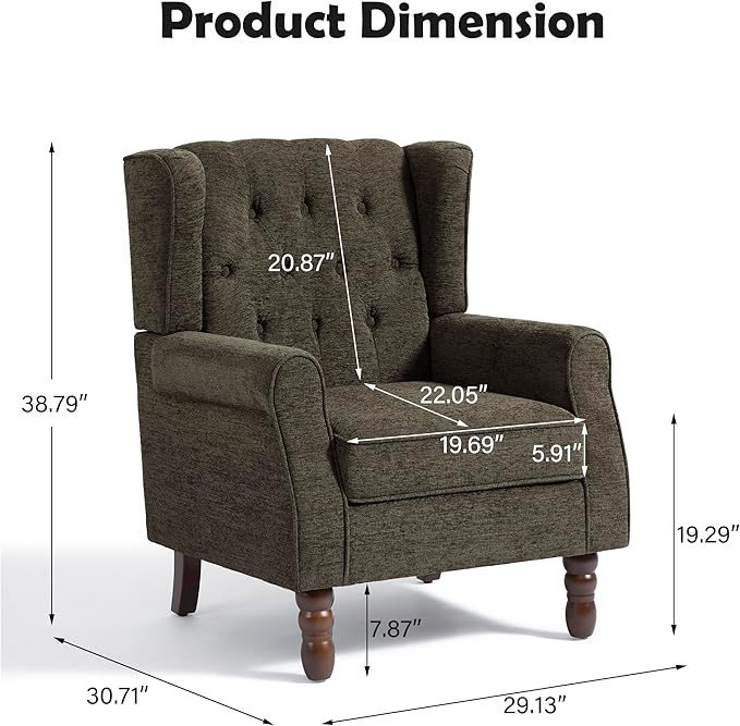 Pia Ricco High Back Floral Accent Chair - Retro Wingback Upholstered Armchair with Nailhead Trim Solid Wood Legs Fabric Living Room Bedroom Reading Chair (Taupe)