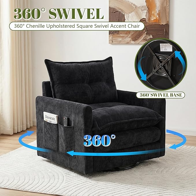 Square Swivel Chairs Set of 2Plush Chenille Upholstered Accent Club Chair with Arms360°Rotation Armchair for ReadingModern Single Cloud Sofa Chair for Living Room(2 Black)