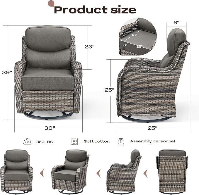 Rilyson Outdoor Swivel Rocker Chairs - All Weather Resistant Wicker Patio Furniture Set of 2 with High Back and 6 inch Thick Cushions for Deck Porch Yard and Poolside Mixed Grey/Grey