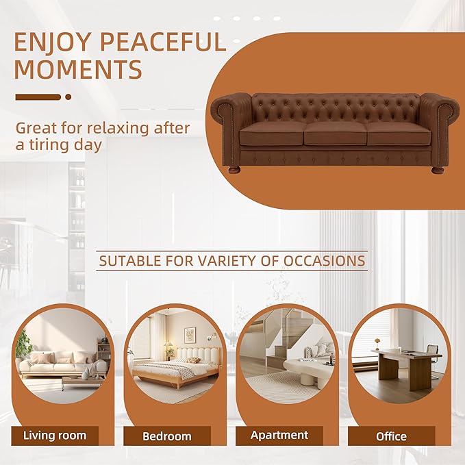 Chesterfield Leather Sofa 89 Mid Century Modern Couch with Low Back Roll Arm Nailhead Trim Classic 3 Seater Couch for Living Room Office Apartment Faux Leather Brown