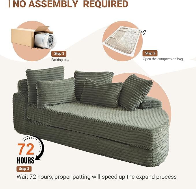 Round Chaise Lounge Chair 2-in-1 Convertible Folding Futon Sofa Bed Corduroy Boneless Cloud Couch Bed Compressed Memory Foam Couch Modular Foldable Floor Sleeper Sofa with 5 Pillows