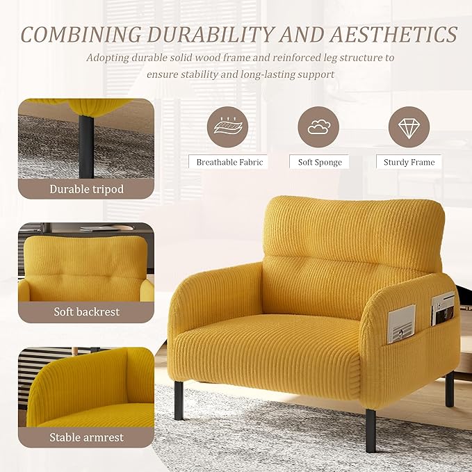 Yellow Accent Chair - Corduroy Living Room Chairs with Side Storage Pockets and Durable Legs Comfy Arm Reading Chair with Soft Backrest for Bedroom Balcony Study Room