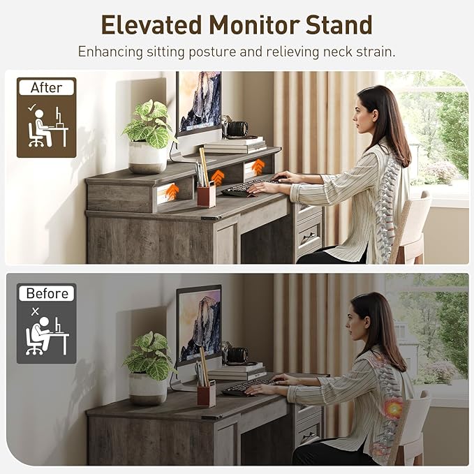 55'' Farmhouse Executive Desk with Drawers Home Office Desk with File Cabinet and Storage Shelf Charging Station Computer Desk with Monitor Stand Writing Gaming Desk Greige