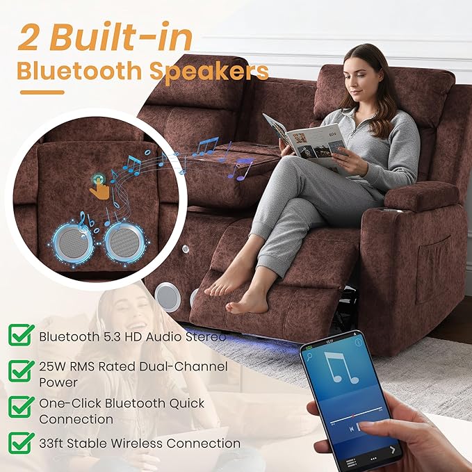 Power Reclining Loveseat with Flip Backrest Power Loveseat Recliner Sofa with LED Lights Bluetooth Speaker 3-Seater Recliner Sofa with Arm/Seat Storage (Brown Loveseat with Console)