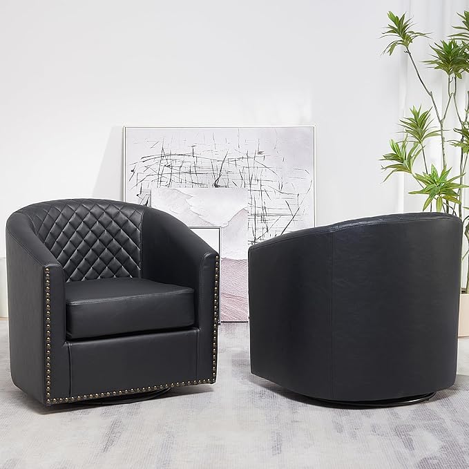 KINWELL 50 Faux Leather Upholstered Loveseat Sofa with 2 Swivel Barrel Accent Chairs Minimalist Comfy 2-Seater Couch and Armchair for Small Spaces Apartment Black