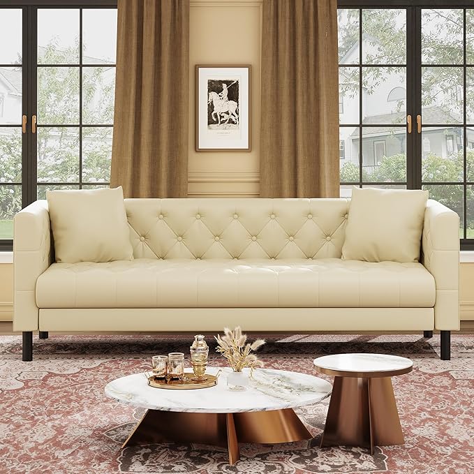 GarveeHome 81 in Leather Couch for Living Room Modern Sofa Couch with Deep Seat and 2 Pillows Handmade Button Tufted 3 Seater Sofa Leather Sofa for Apartment Office Beige