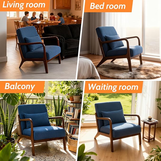 Modern Accent Chair Cotton Linen Fabric Upholstered Lounge Armchair with Solid Wood Frame for Living Room Bedroom Reading Nook (Blue)