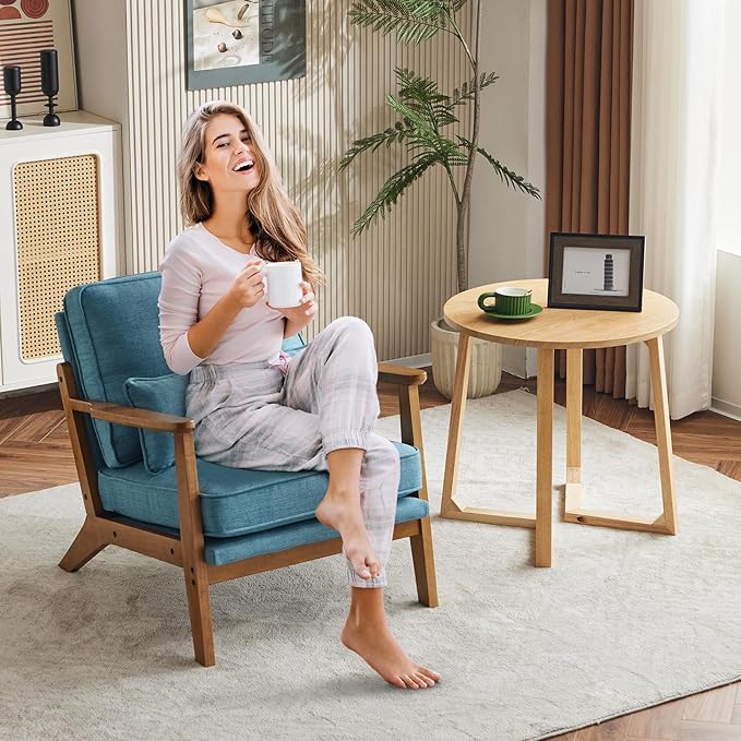 Karl home Accent Chair Wide Armrest Mid-Century Lounge Chair Linen Fabric Armchair with Lumbar Pillow &amp Solid Wood Frame for Living Room Bedroom Balcony Cyan-Blue