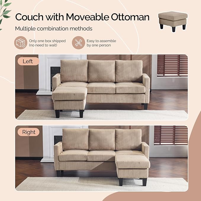 VINGLI 68.5' L Shaped Couch with Movable Storage Ottoman Convertible Sectional Sofa in Soft Corduroy Fabric Modern Reversible Chaise Couch for Small Spaces Apartment Living RoomKhaki