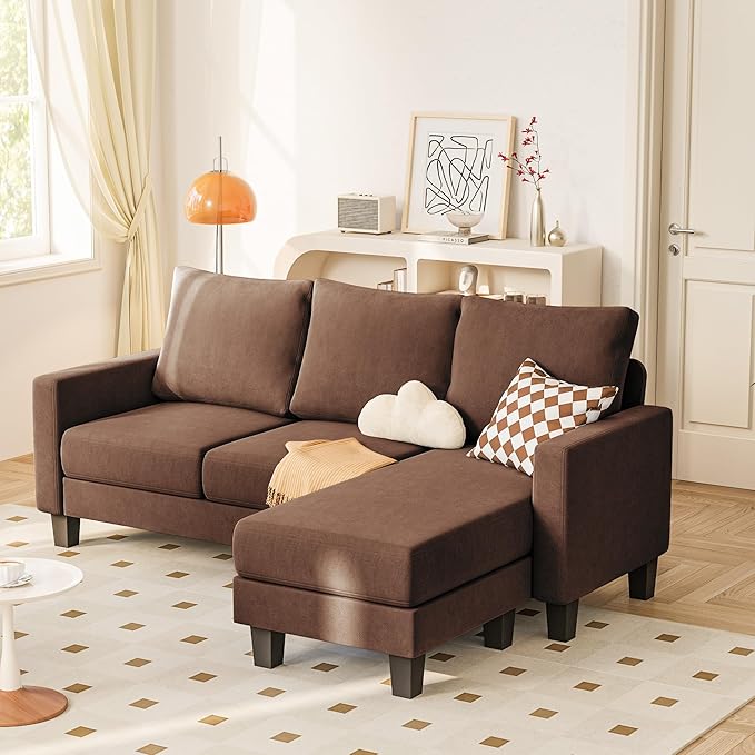 YESHOMY Small Couches for Living Room Modern Sectional Couch Comfy Sofa with L-Shaped Chaise Convertible Sofas with Ottoman and Side Pockets for Small Space Brown