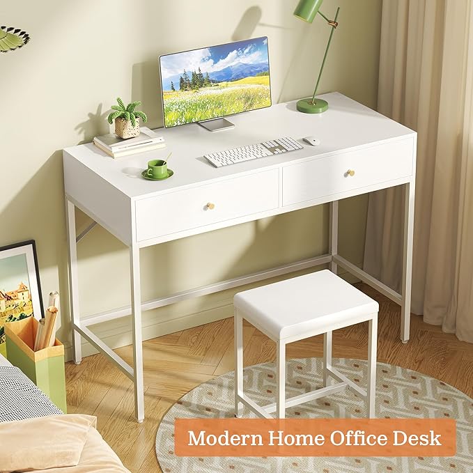 SUPERJARE 35.4 White Desk with 2 Drawers Modern Makeup Vanity with Padded Stool Small Computer Desk Home Office Desk for Writing Study Bedroom