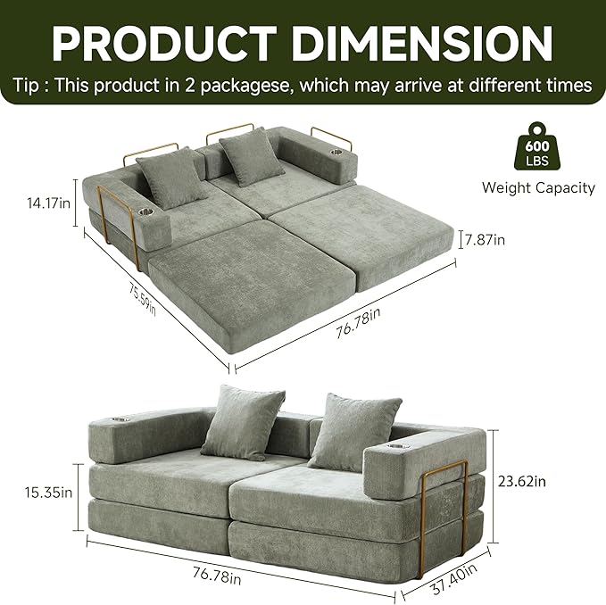 Convertible Sleeper Sofa Bed – 77'' 3-Seater Futon Couch with Corduroy Upholstery Pull-Out Floor Bed High-Density Foam No Assembly Perfect for Living Room Bedroom Apartment Studio (Green)