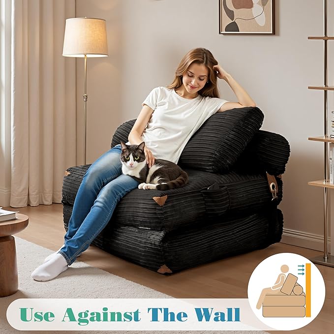 Folding Sofa Bed Convertible Sleeper Chair with Pillow Back Support Foldable Corduroy Futon Floor Couch Comfy Fold Out Chair Bed for Living Room Bedroom Dorm Black