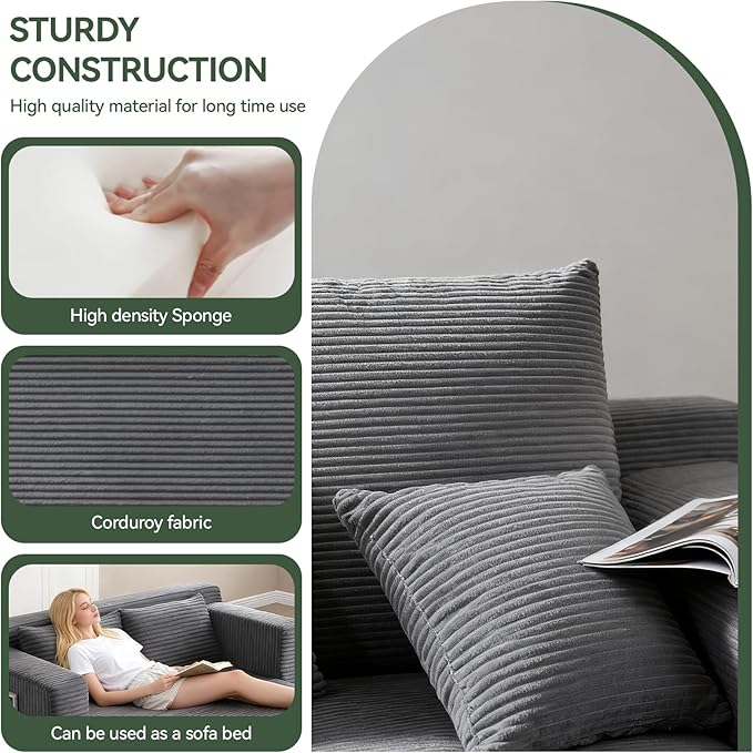 73 Convertible Sofa Bed Pull Out Boneless Loveseat Sleeper Sofa Corduroy Foldable Couch Bed with Storage Bag No Assembly Couch in a Box for Living Room Apartment (Grey)