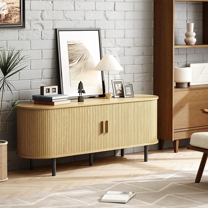 ONBRILL 63 TV Stand with Power Outlet for TVs up to 70 Inch Entertainment Center with Storage and Adjustable Shelves Modern Media Console with Sliding Doors for Living Room Oak