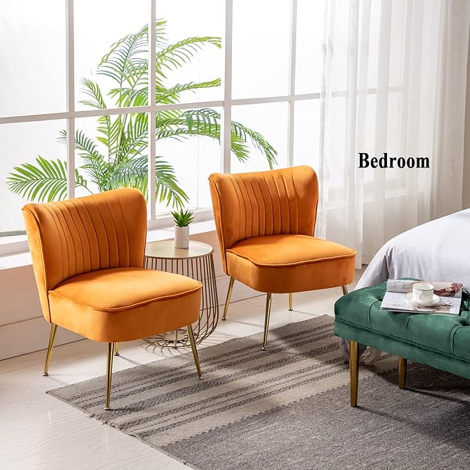 DUOMAY Modern Accent Chair Set of 2 Velvet Slipper Chair with Gold Legs Wingback Side Chair for Living Room Bedroom Entryway Small Corner Chair for Space Saving Orange