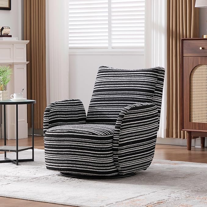 Modern Boucle Upholstered Accent Swivel Barrel ChairLeisure Club Lounge Chair with Sand-Rimmed Fabric and Metal Bracket for Living Room Bedroom Home Office (Black Boucle)
