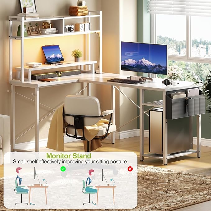 Small L Shaped Desk Gaming Desk with Power Outlets 48 Reversible L Shaped LED Computer Desk with Monitor Stand &amp Storage Shelf Corner Gamer Desk Home Office Desk with Storage Bag White
