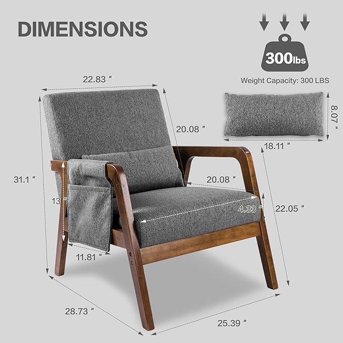 Accent Chairs Set of 2 Mid-Century Modern Chair with Side Pocket Lounge Armchair with Lumbar Pillow &amp Solid Wood Frame for Living Room Balcony Bedroom