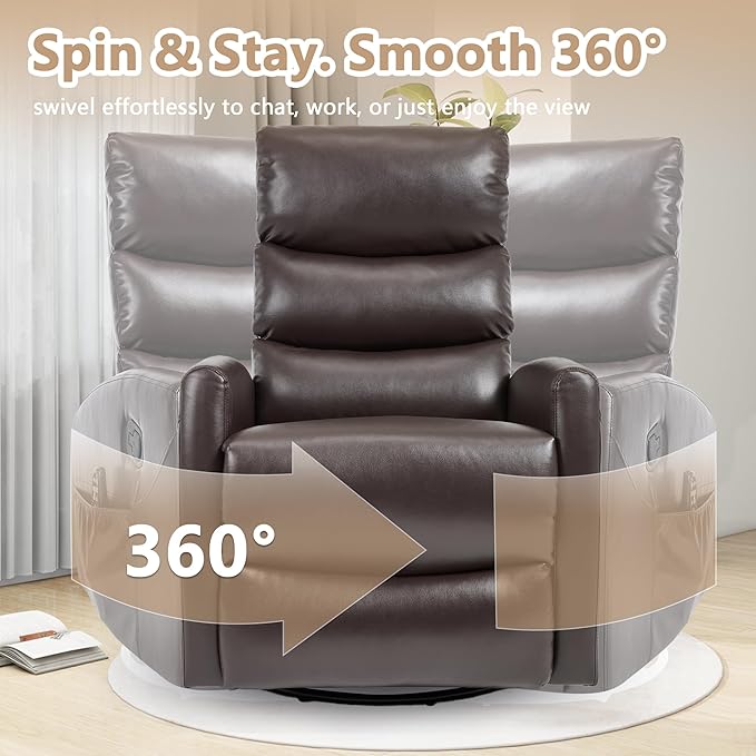cinkehome Small Swivel Rocker Recliner Chair with Heated Massage Upholstered Nursery Glider Recliner Chair High Back Side Pocket (Brown PU Leather)