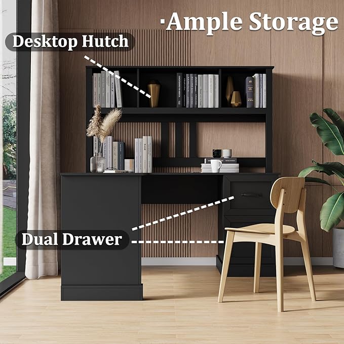 JOYSOURCE Executive L Shaped Desk Home Office Desk with File Drawer &amp Open Storage Shelves Computer Corner Desk with Hutch and Drawer Workstation for Office Home Black