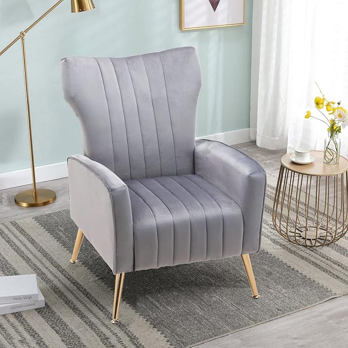 Velvet Accent Chair Modern Wingback Comfy Chair Tufted Reading Armchair with Gold Legs for Living Room/Bedroom Grey