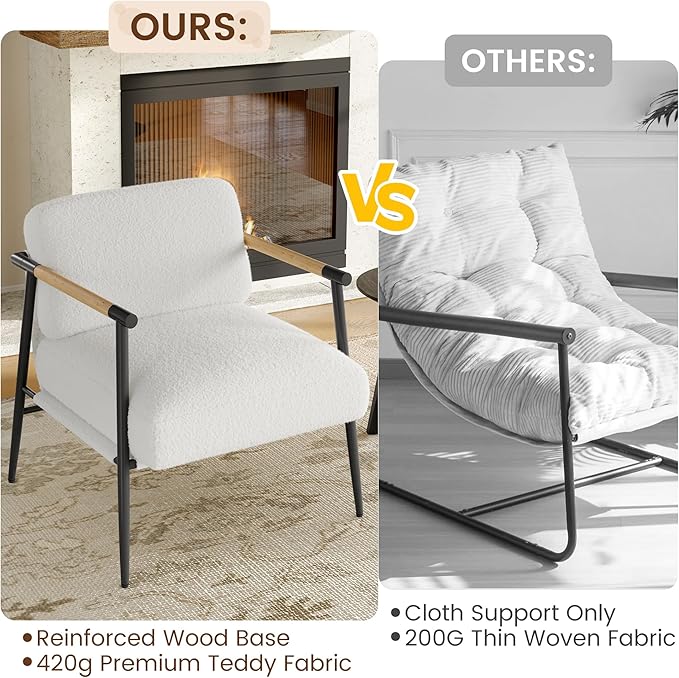 GarveeHome Comfy Chair Modern Accent Chair with Metal Frame Cozy Reading Chair with Soft Cushion &amp Wood Armrest for Bedroom Living Room White