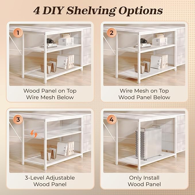 PRAISUN 53 L Shaped Desk with Power Outlets and USB-C Port Reversible Computer Corner Office Desk with 4 Fabric Drawers and 2 Height-Adjustable Shelves Large for Gaming Writing Work Study White