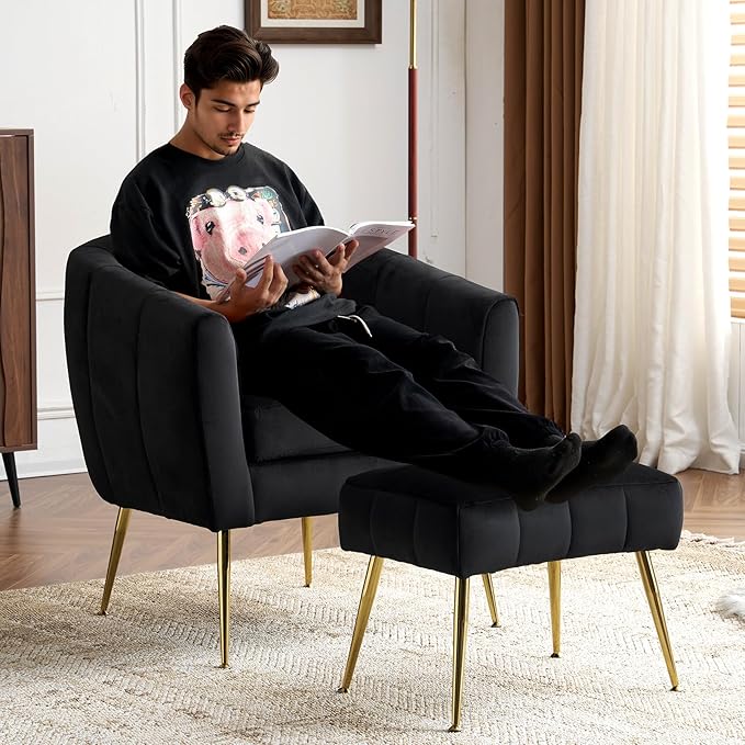 Karl home Velvet Accent Chair Set Barrel Chair with Ottoman Modern Club Chair Reading Armchair with Lumbar Pillow for Living Room Bedroom Study Room Home Office Black