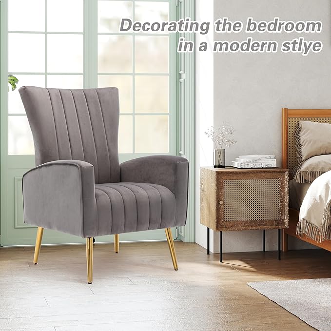LSSPAID Velvet Accent Chairs Set of 1 Modern Fabric Upholstered Living Room Chairs Armchairs with Wing Back and Metal Legs Grey