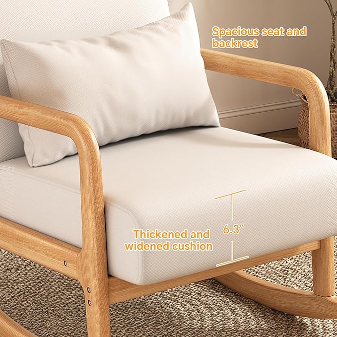 Solid Wood Reclining Accent Chair Mid-Century Modern Lounge Armchairs Fabric Upholstered Soft Comfy Living Room Chairs with Armrest Waist Pillow for Office Reading Waiting Room (Off-White)