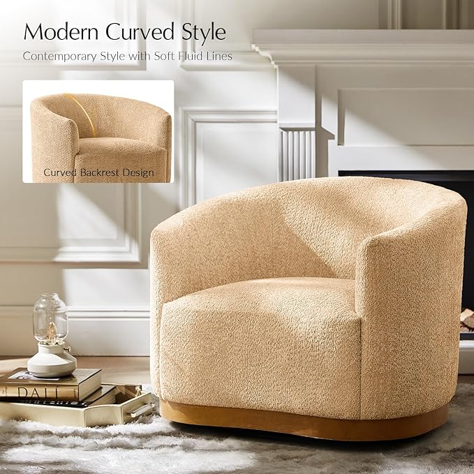 HULALA HOME Chenille Swivel Accent Chairs Set of 2 Fully Assembled Comfy Upholstery Barrel Armchair with Sturdy Solid Wood Base Camel