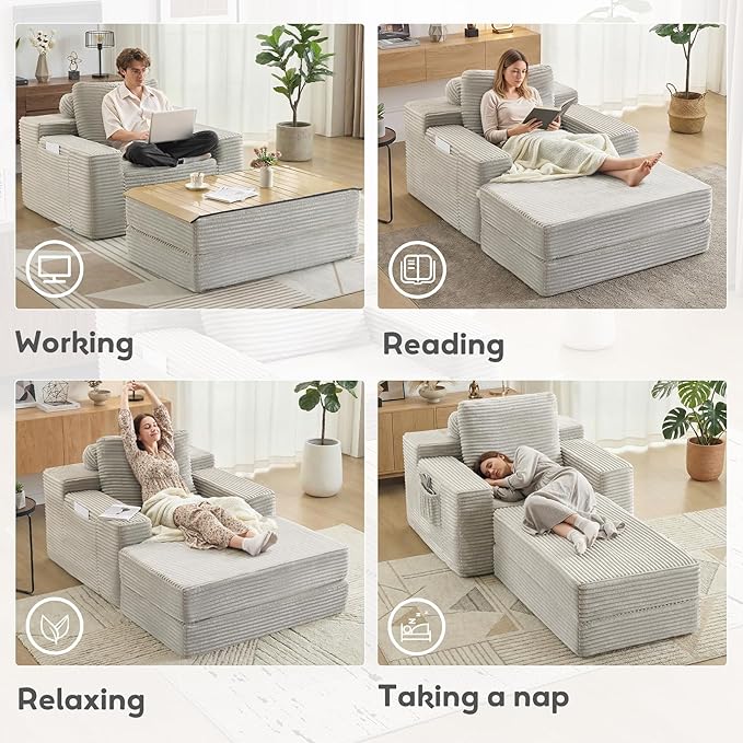 72.8 Convertible Chaise Lounge Sofa Bed Corduroy Sleeper Boneless Couch with Removable Pillow &amp Movable Table Tray Deep Seat No-Assembly Sofa for Living Room Bedroom Apartment Grey