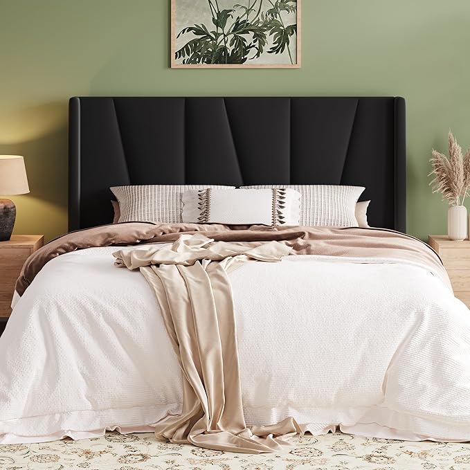 Allewie Queen Size Platform Velvet Bed Frame with Geometric Wingback Headboard Boho Upholstered Bed with Wooden Slats Support No Box Spring Needed Easy Assembly Black
