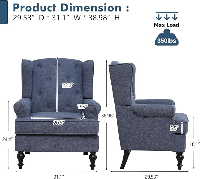 Accent Chair Set of 2 Mid Century Modern Fabric Wingback Chair Upholstered Armchair with High Back and Vintage Legs Comfy Single Sofa Side Reading Chair for Living Room Bedroom Blue